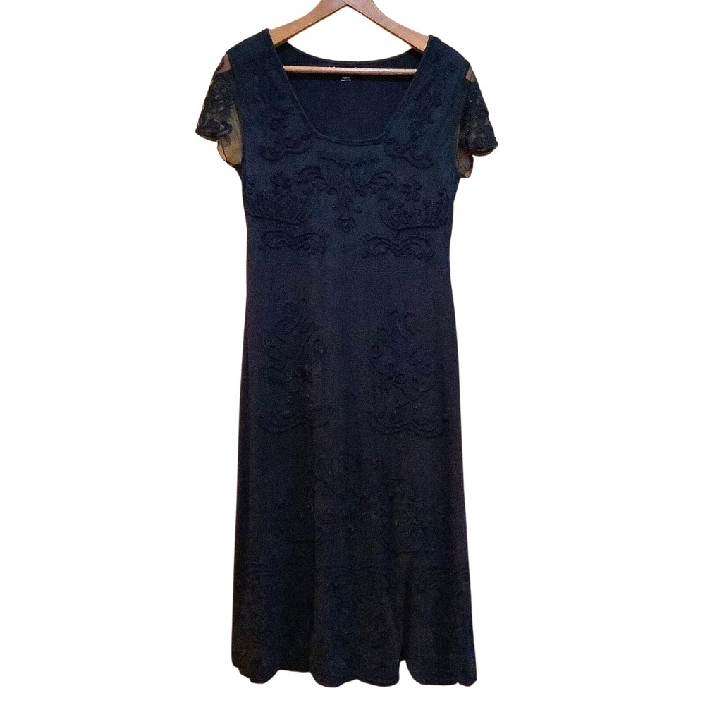 Soft Surroundings Black Embroidery & Beaded Midi Dress Sz M Witchy‎ Whimsigoth